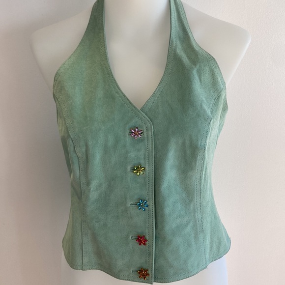 WILSONS LEATHER Floral Jewelled Aqua Suede Bustier - Picture 4 of 13